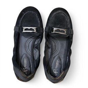 B Makowsky Black Suede/Patent Leather Flat Loafers with Silver Hardware